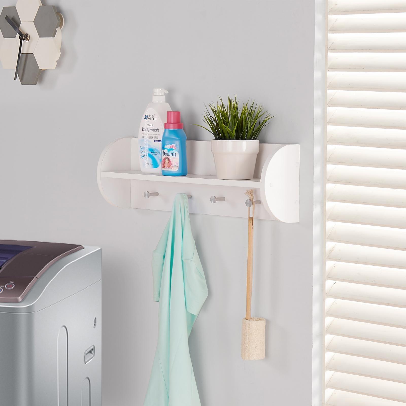 Sleek White Wood Floating Wall Shelf with Stainless Steel Hooks