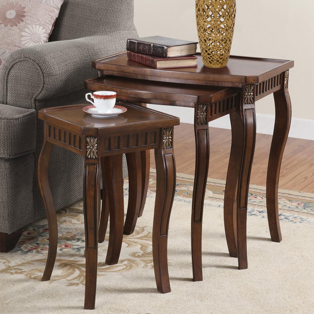 Elegant Warm Brown Wood Nesting Tables with Gold Accents