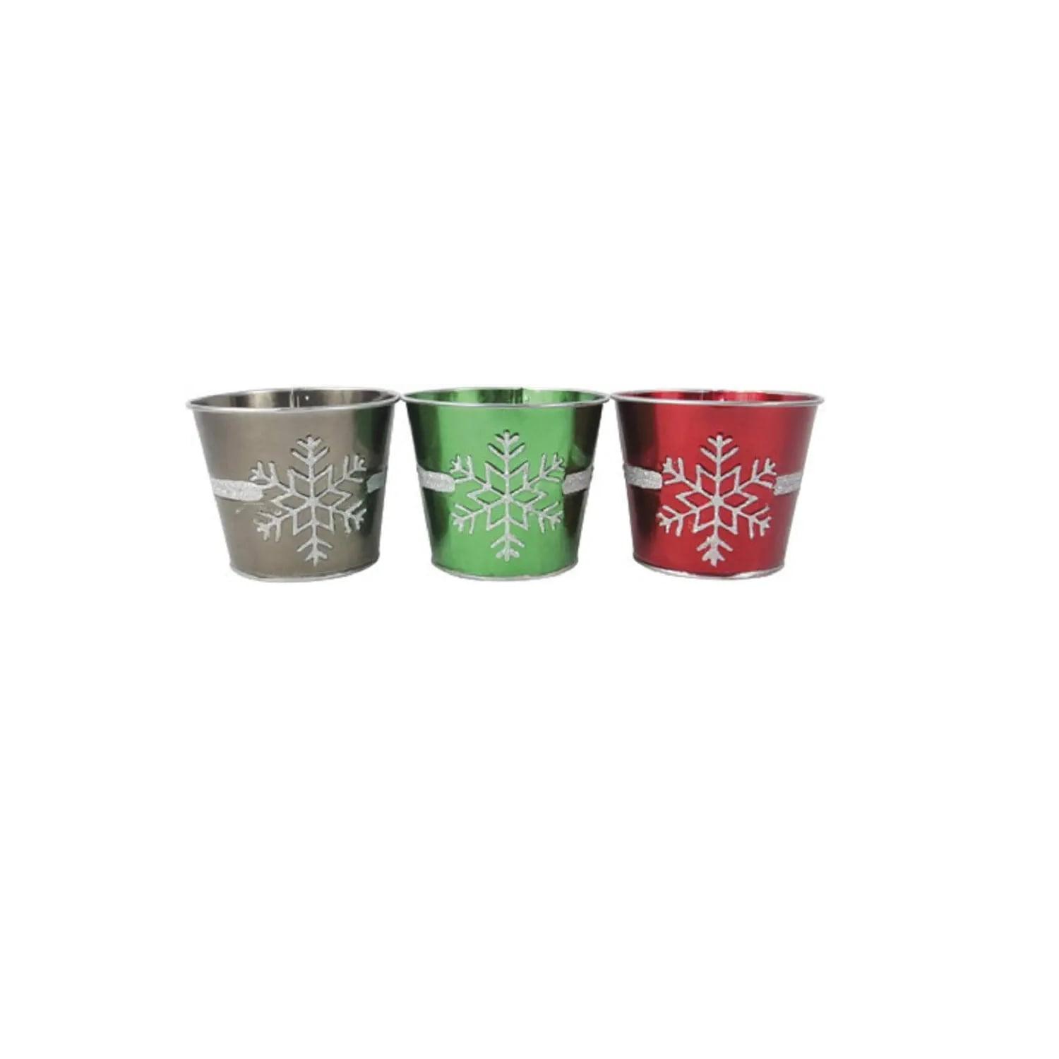 Darice Juego de 3 Macetas Decorativas de Navidad con Copos de Nieve con Purpurina Roja, Verde y Plateada de 5"