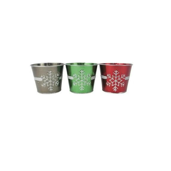Darice Juego de 3 Macetas Decorativas de Navidad con Copos de Nieve con Purpurina Roja, Verde y Plateada de 5"