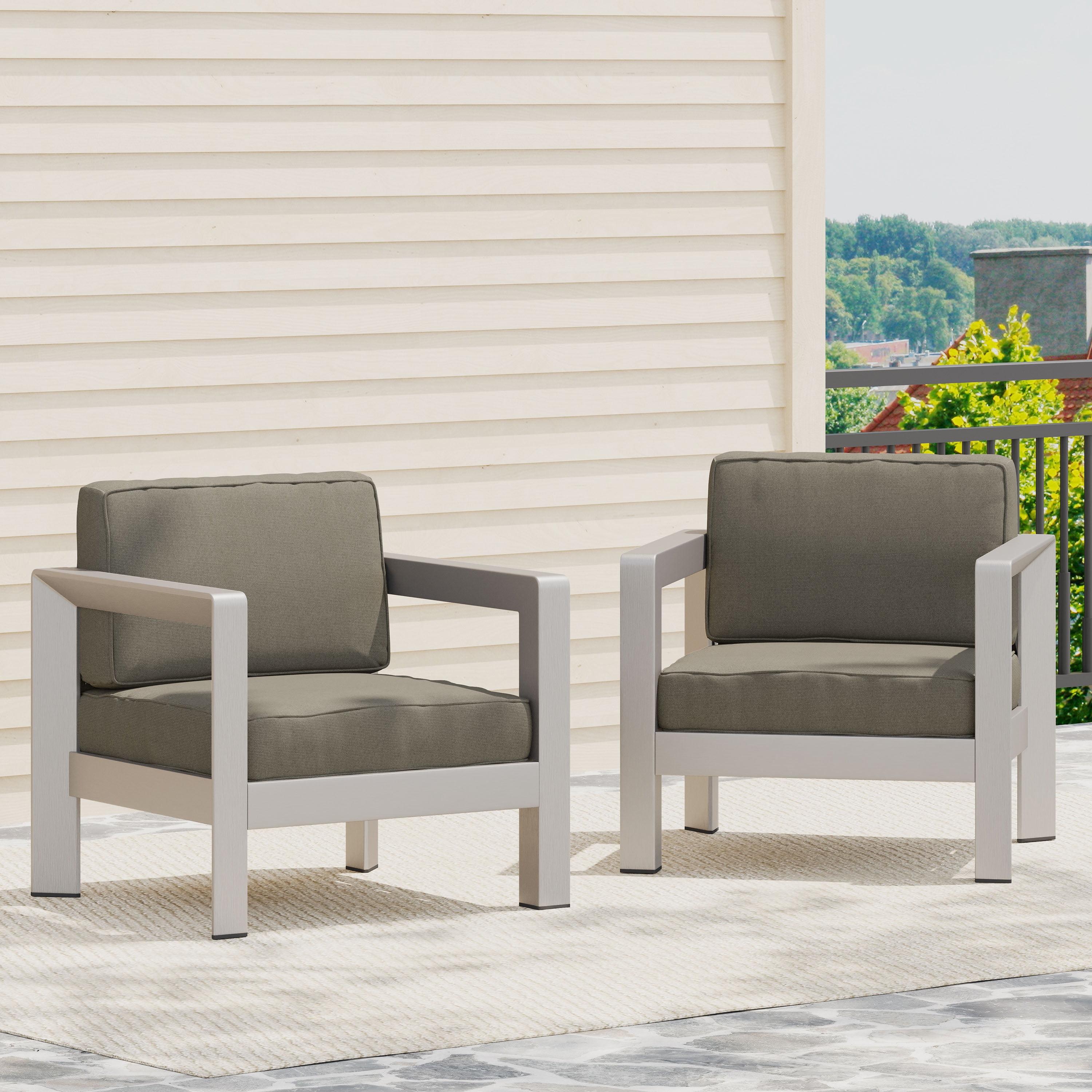 Resort-Style Modern Aluminum Lounge Chairs with Khaki Cushions, Set of 2