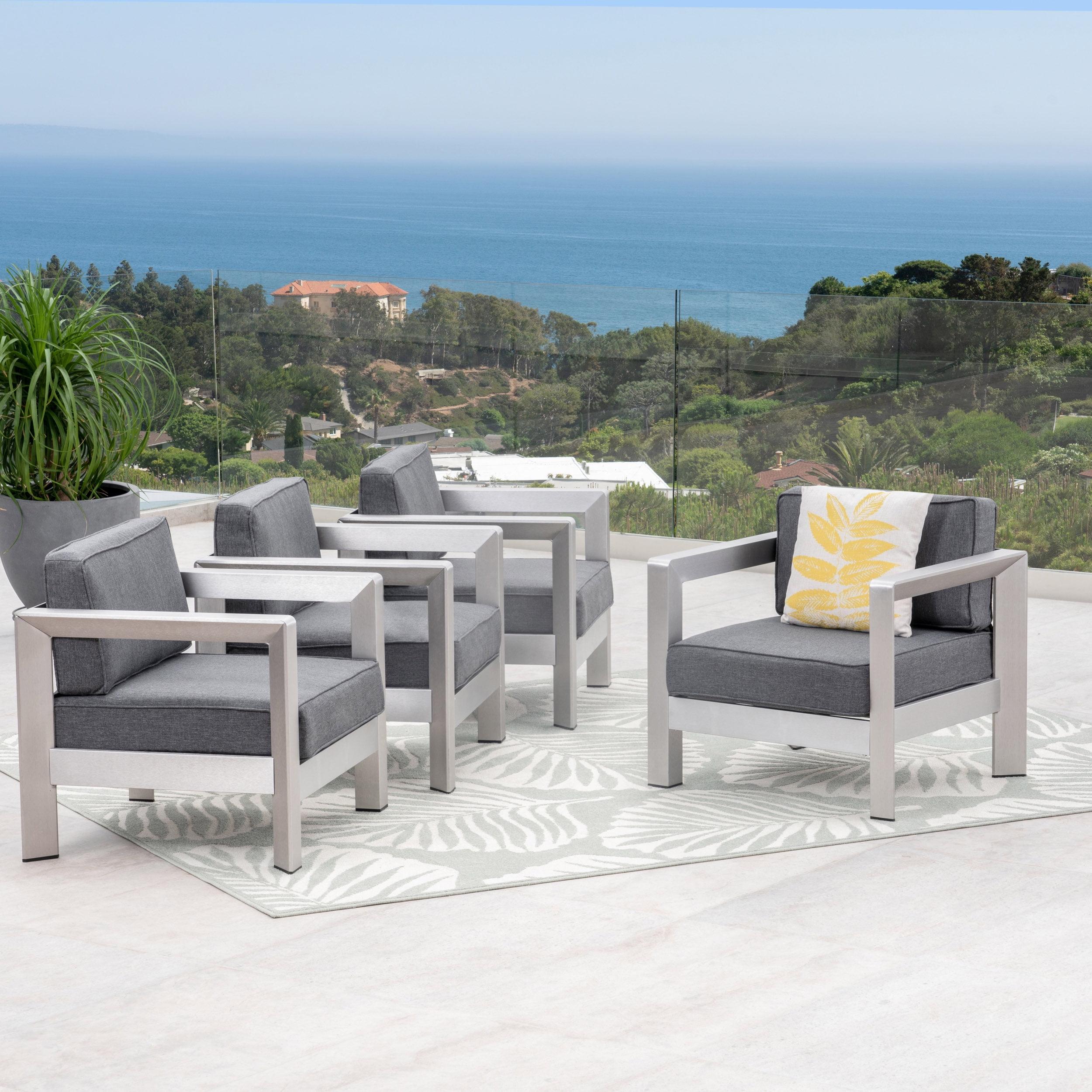 Luxurious Modern Silver Aluminum Lounge Chairs with Gray Cushions, Set of 4