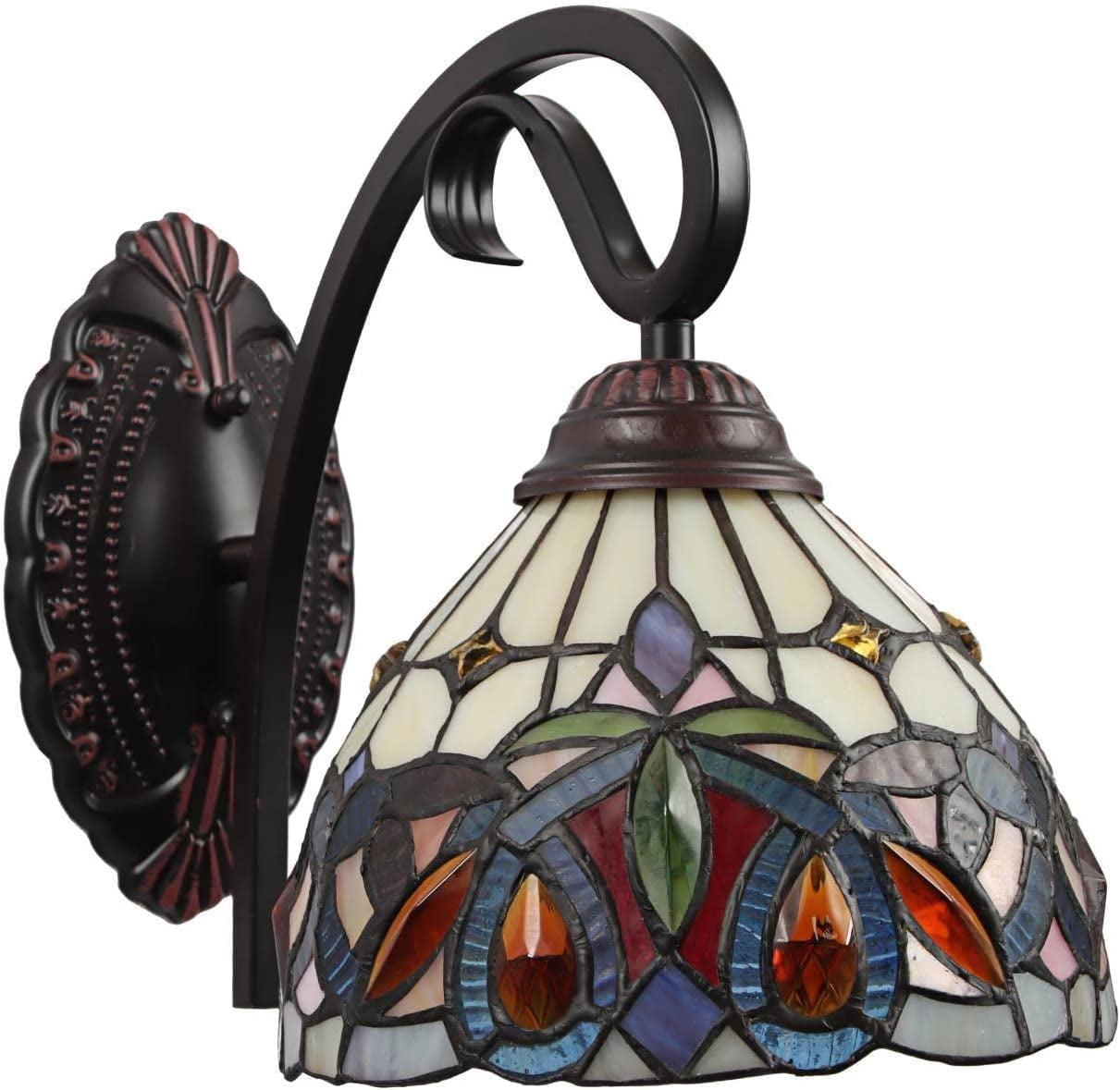 Victorian Tiffany-Style Bronze 1-Light Wall Sconce with Stained Glass