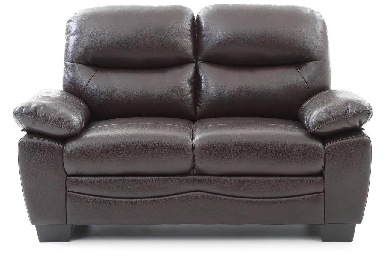 Marta Dark Brown Faux Leather Tufted Loveseat with Wood Accents