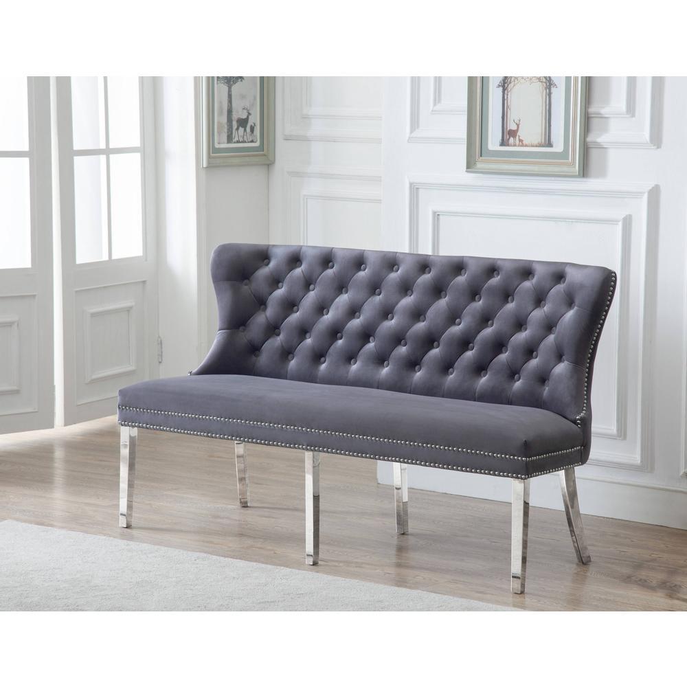 Elegant Dark Gray Velvet Bench with Silver Stainless Steel Legs