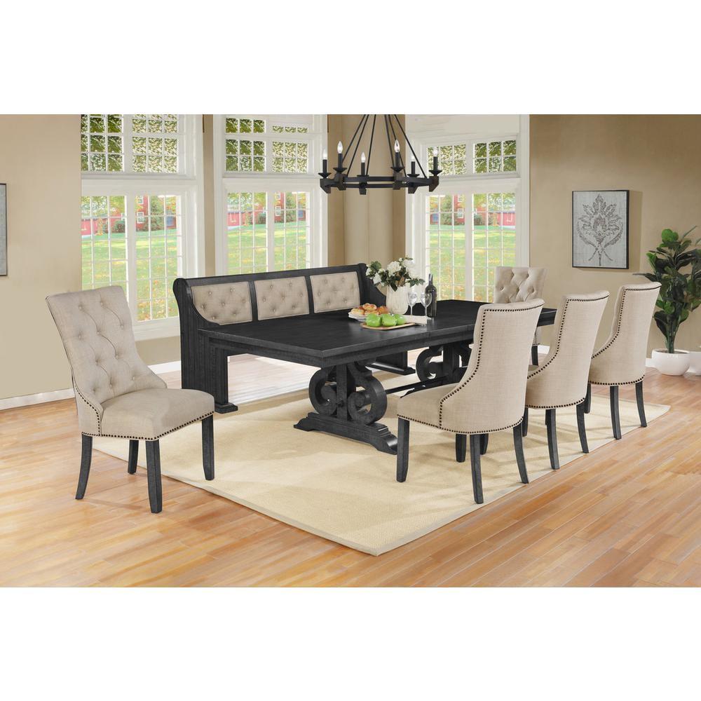 Dark Gray Wood Extendable Dining Set with Beige Linen Chairs and Bench