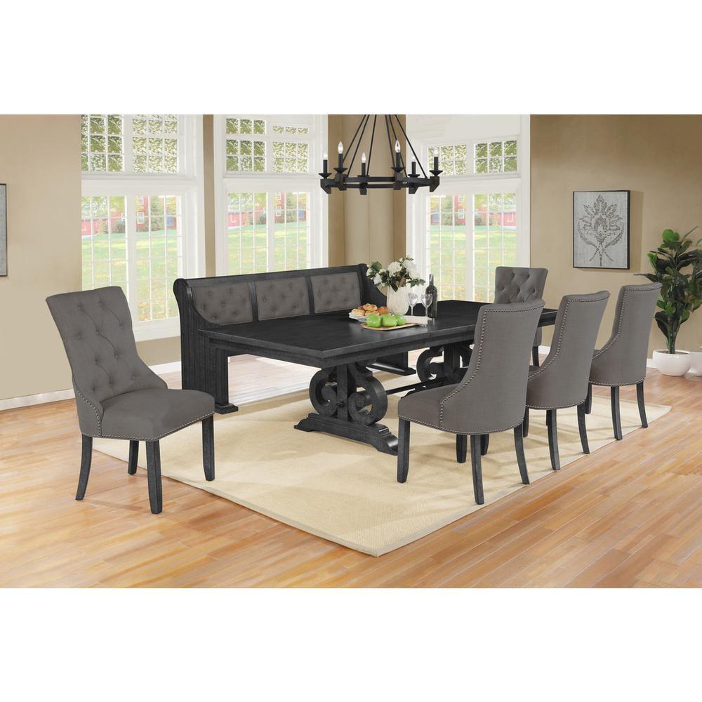 Dark Gray Wood Dining Set with Extendable Table + Gray Linen Chairs + Bench