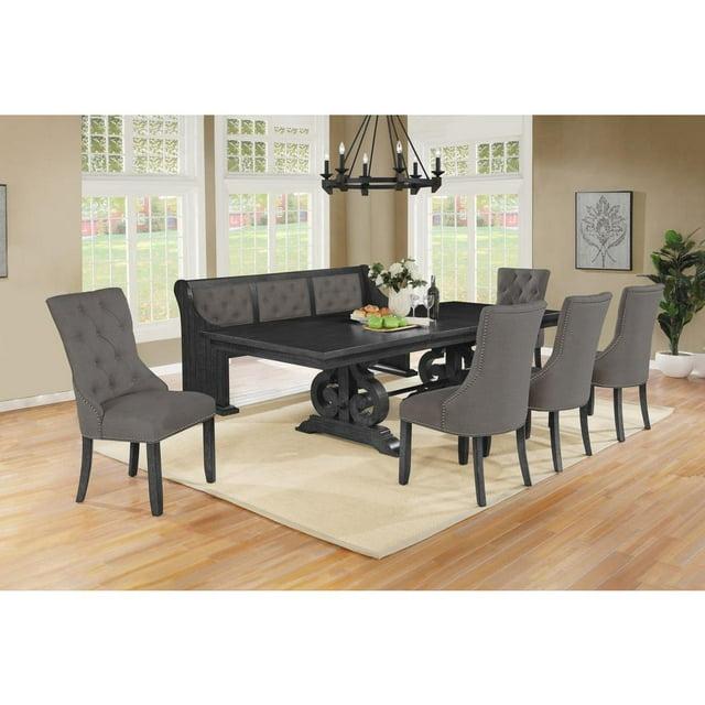 Dark Gray Wood Dining Set with Extendable Table + Gray Linen Chairs + Bench