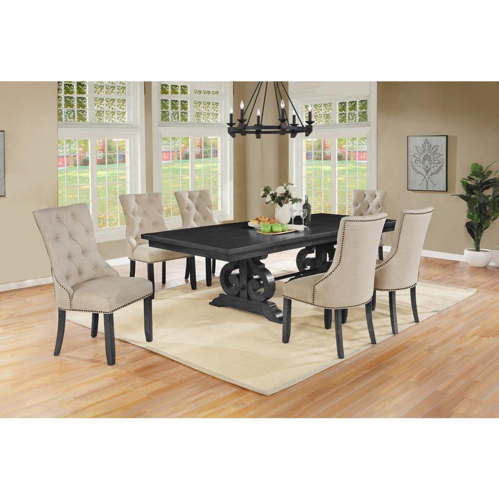 Dark Gray Wood Extendable Dining Set with Beige Linen Chairs