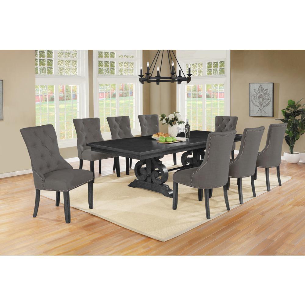 Dark Gray Wood Extendable Dining Set with Gray Linen Chairs