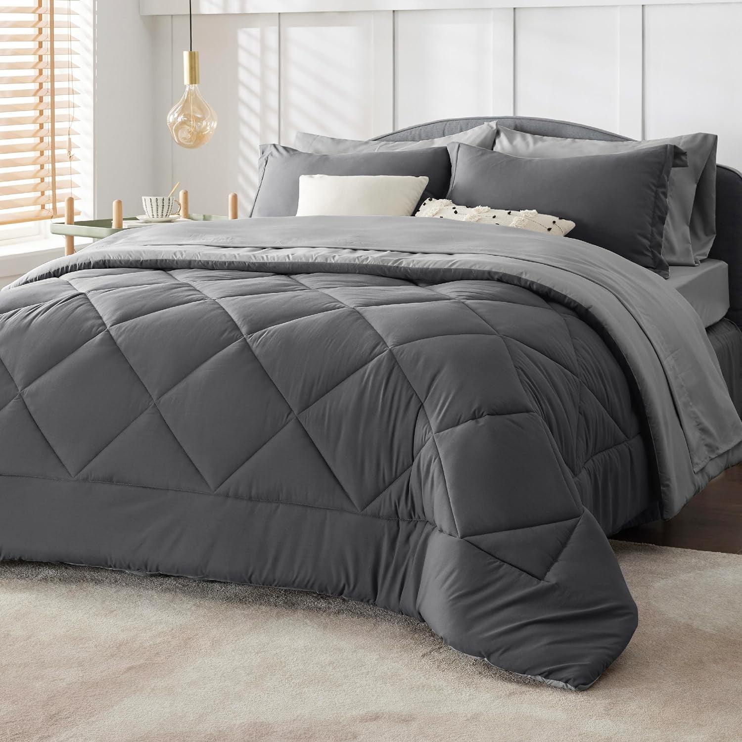 Queen Comforter Set - 7 Pieces Bed in a Bag Set Dark Grey, Bedding Sets Queen with All Season Quilted Comforter, Flat Sheet, Fitted Sheet, Pillowcases, Dark Gray, Queen