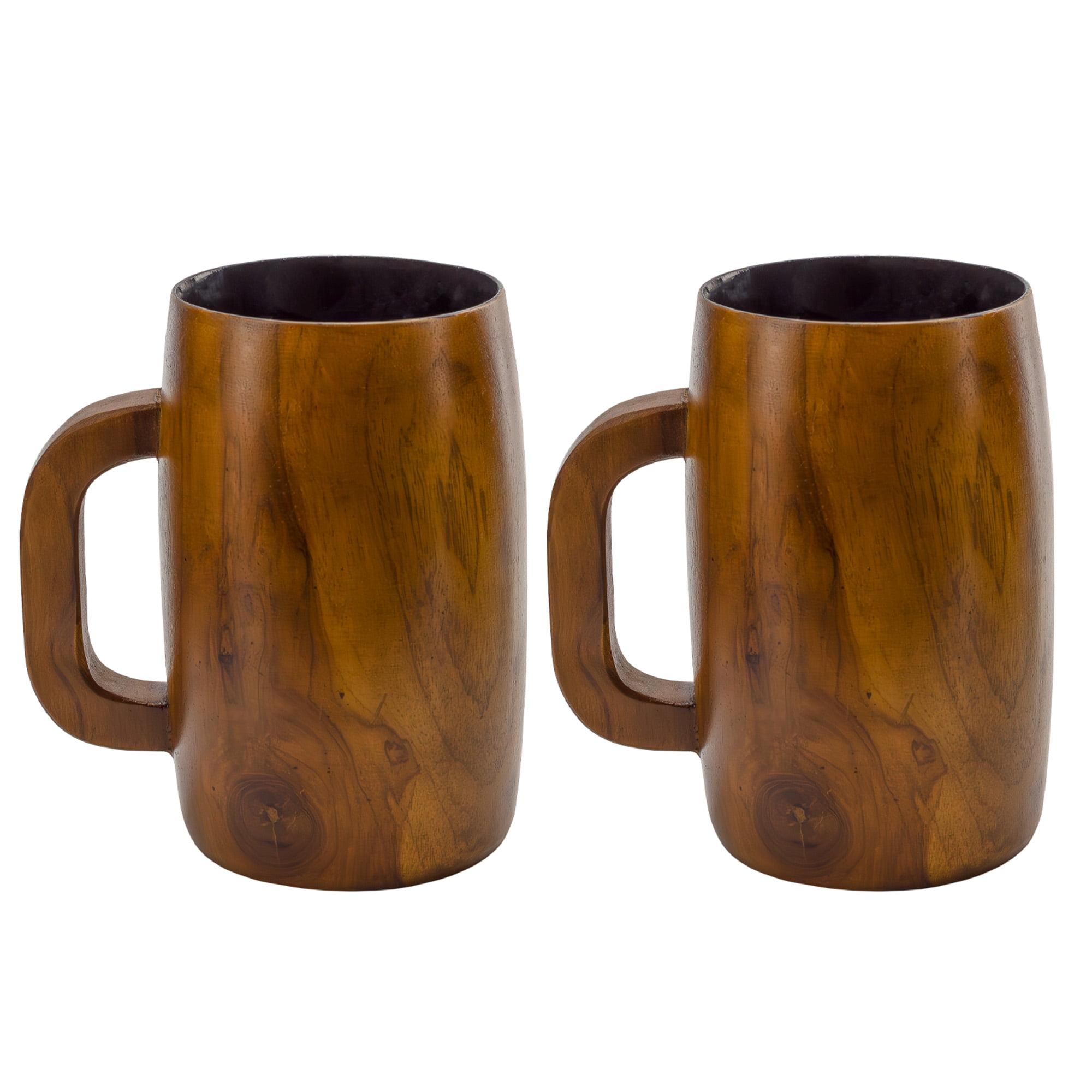 Darware Teak Wood Coffee Mugs, 2pc Set; Wooden Stein Retro 16 Fluid Ounce Cups