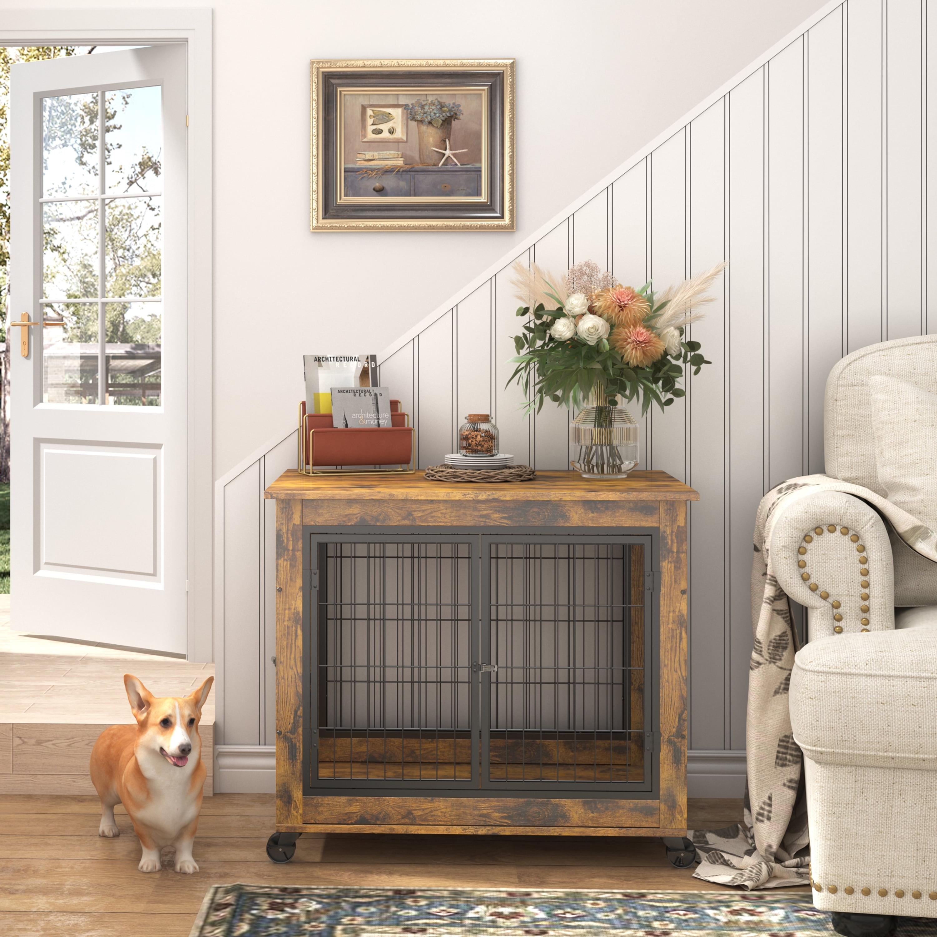 Rustic Brown Medium Rolling Dog Crate Table with Steel Frame