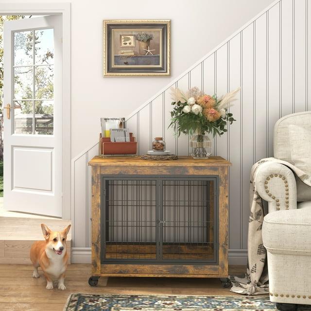 Rustic Brown Medium Rolling Dog Crate Table with Steel Frame