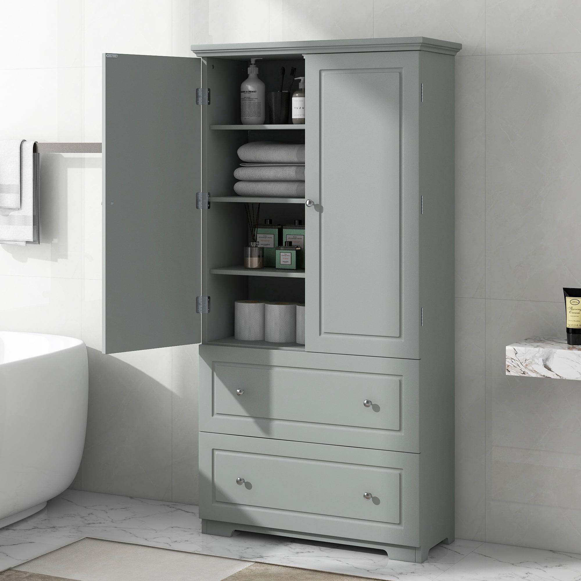 62.3'' Wide Bathroom Storage Cabinet, Freestanding Storage Cabinet with Two Drawers and Adjustable Shelf, MDF Board with Painted Finish, Grey