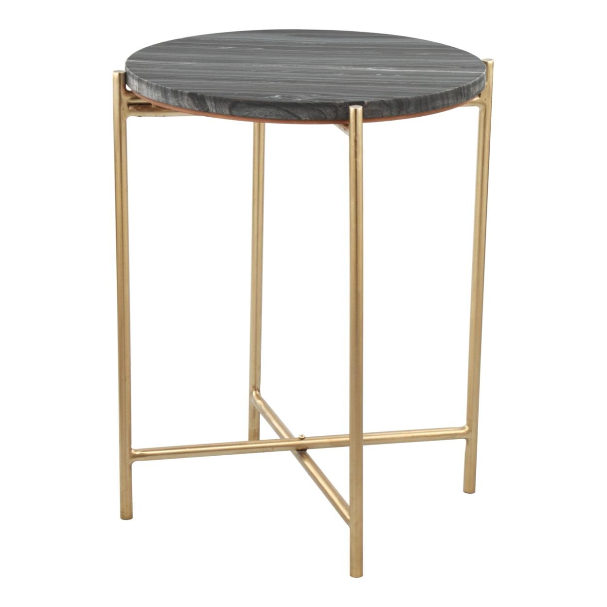 Round Gray and Gold Marble Metal Side Table