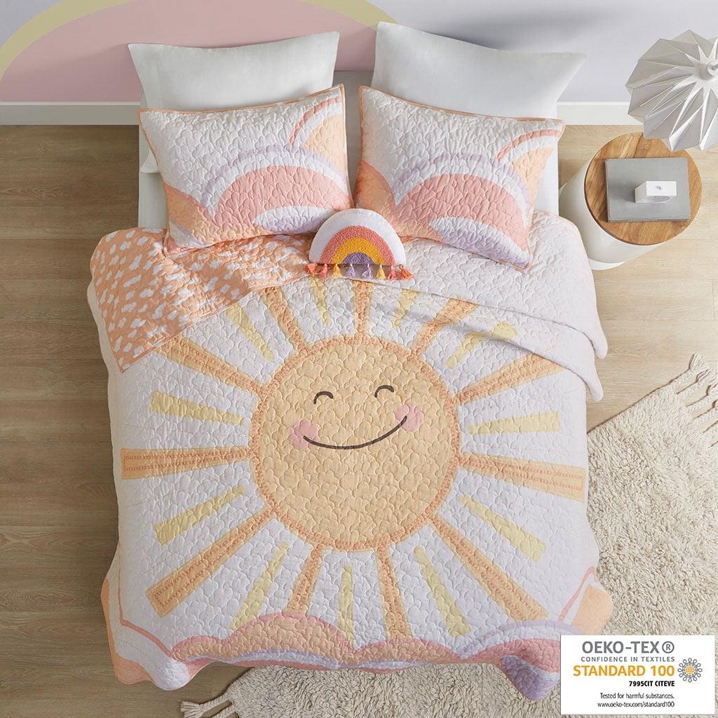 Intelligent Design Kids Dawn Sunshine Clouds Yellow/Coral 100% Cotton Reversible Quilt Set Full/Queen