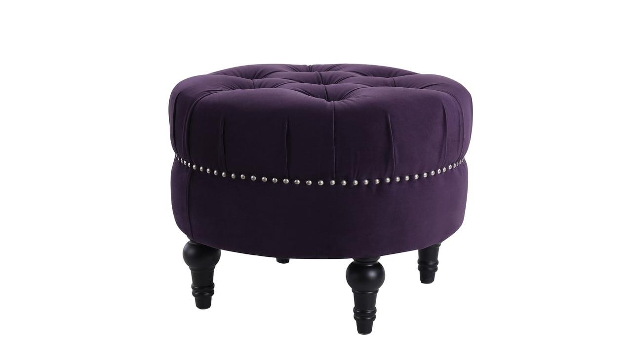 Purple Velvet Tufted Round Ottoman with Nailhead Accents