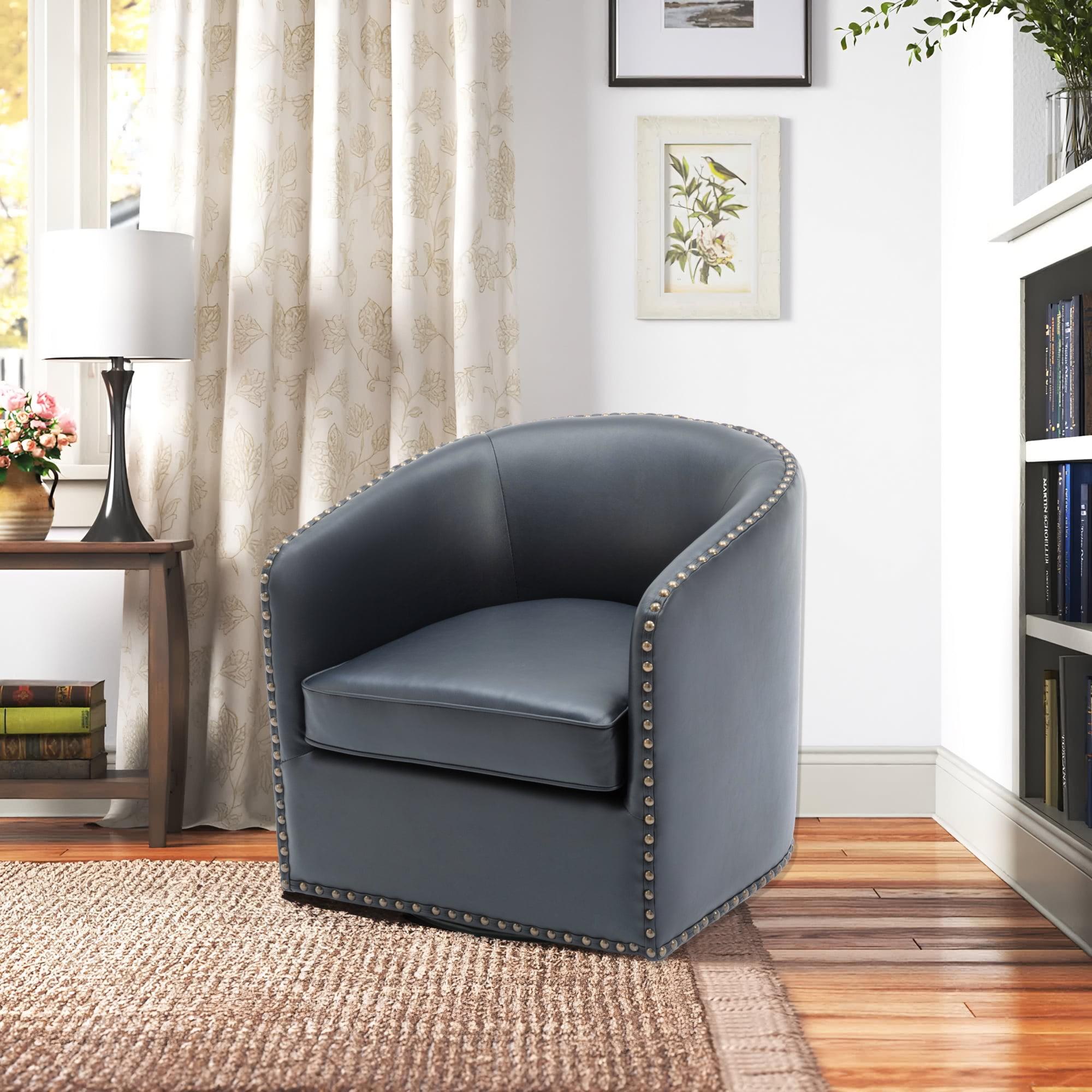 Midnight Blue Faux Leather Transitional Barrel Swivel Accent Chair