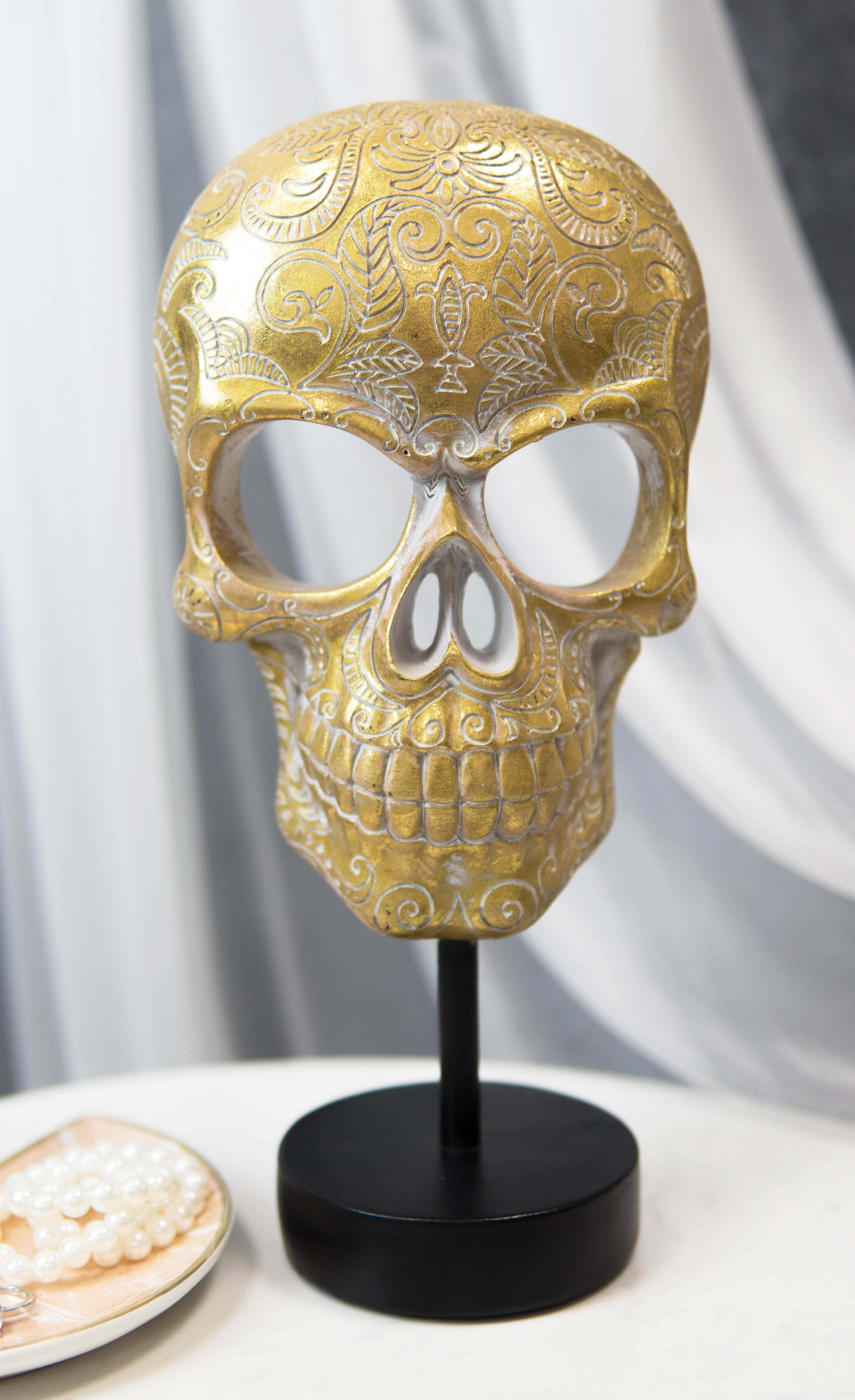 Gold Floral Sugar Skull Mask on Black Stand