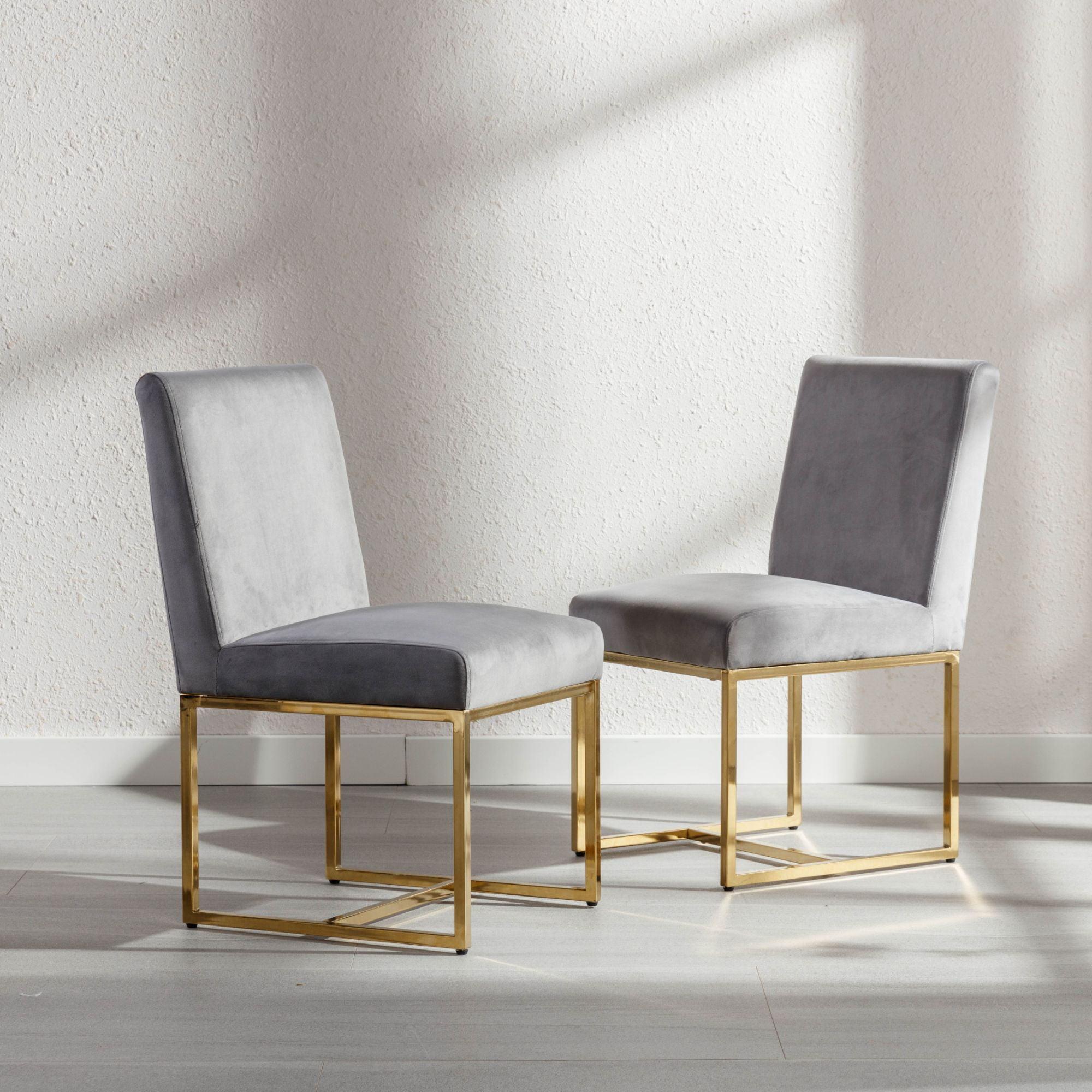 Dayalane Mid Century Modern Dining Chairs Set of 2, Grey Velvet Upholstered Kitchen & Dining Room Chairs with Gold Metal Frame, Armless Side Chairs for Living Room