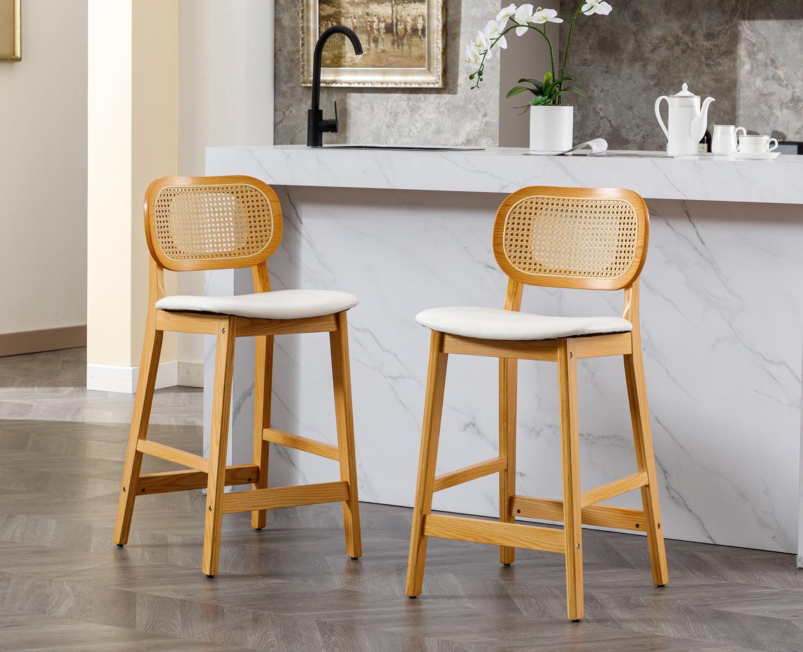 Natural Wood Bar Stools with White Fabric Cushions and Rattan Back