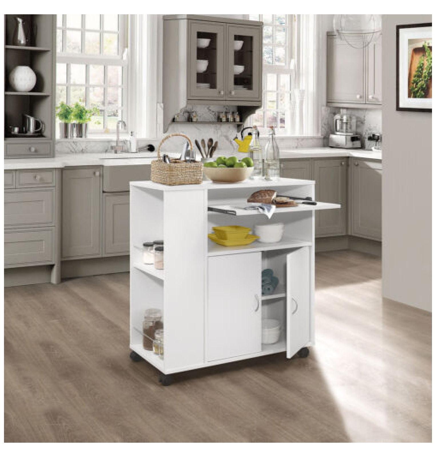 Kings Brand Furniture Alaina Kitchen Island Rolling Cart on Wheels with Storage Cabinet, White