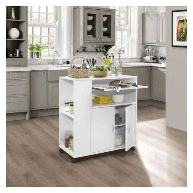 Kings Brand Furniture Alaina Kitchen Island Rolling Cart on Wheels with Storage Cabinet, White