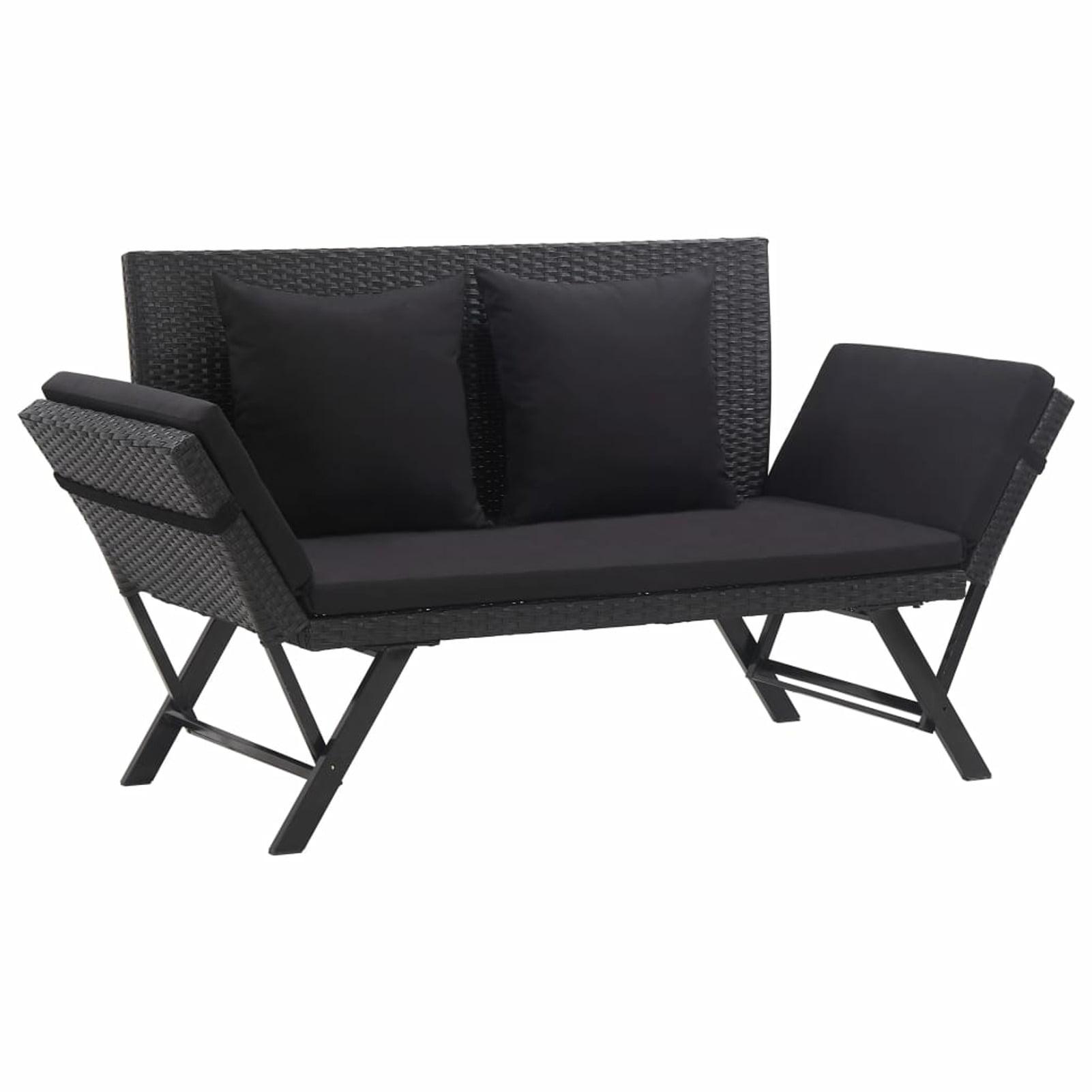 Black Poly Rattan Outdoor Convertible Bench with Cushions