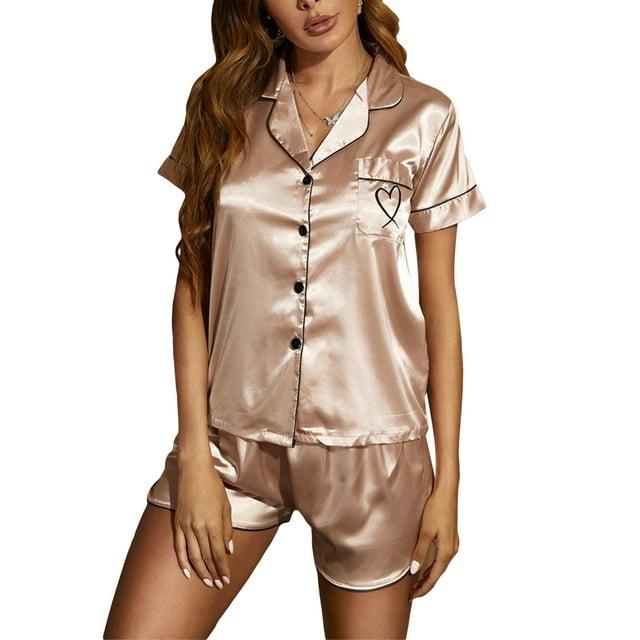 cheibear Women's Button Short Sleeve Shirt and Shorts Satin 2-Piece Pajama Sets Light Champagne Medium