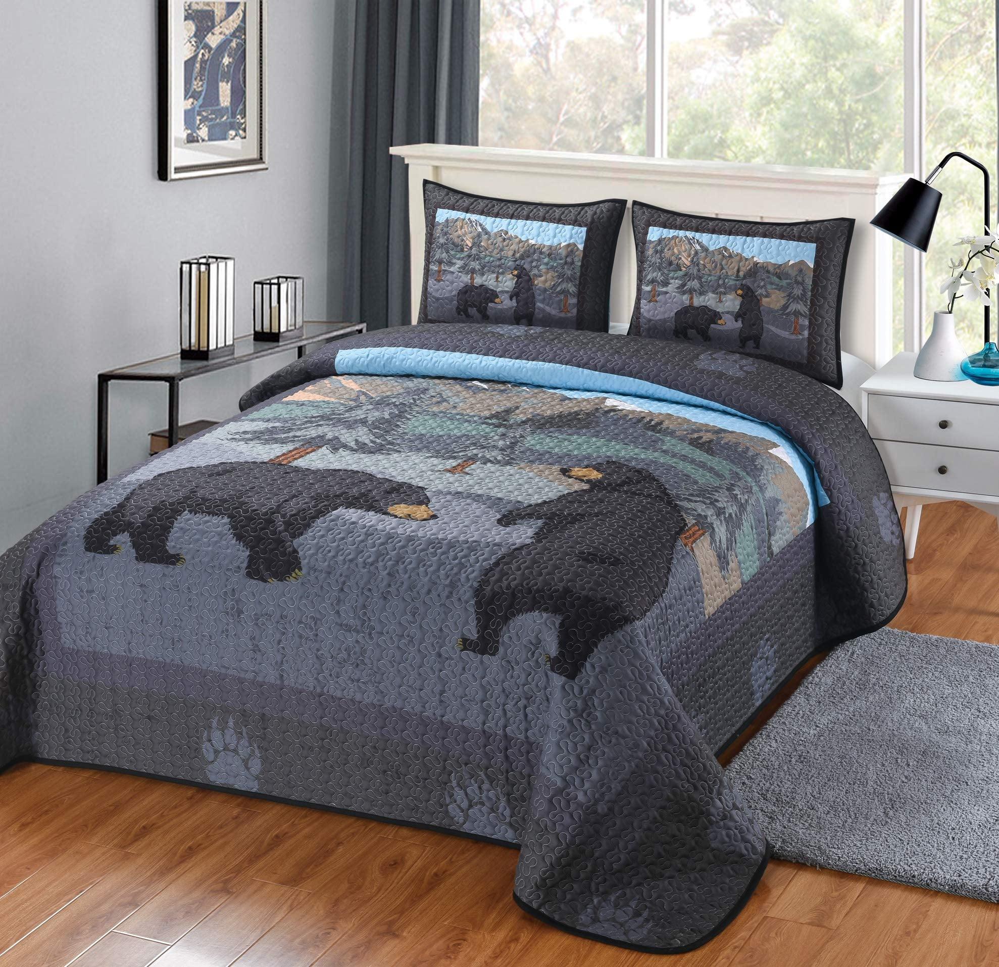 De Leon Collections What Up Bears Whimsical Black Bear Woodland Forest Mountain Themed Decorative Quilt Bedding Set