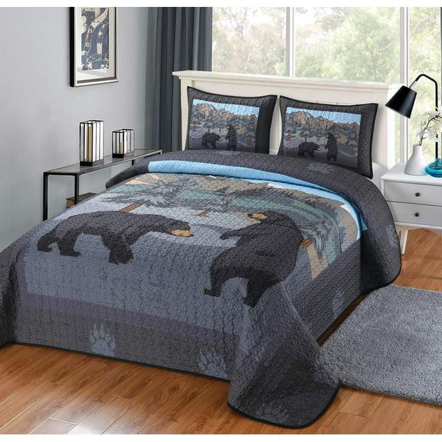 De Leon Collections What Up Bears Whimsical Black Bear Woodland Forest Mountain Themed Decorative Quilt Bedding Set
