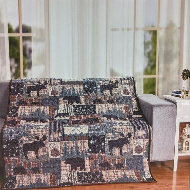 De Leon Collections Grand Bear Lodge Woodland Forest Outdoor Nature Patchwork 60" x 50" Decorative Quilt Throw Blanket