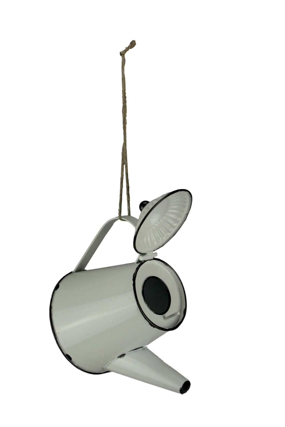 De Leon White Enamel Metal Rustic Tea Kettle Decorative Hanging Birdhouse
