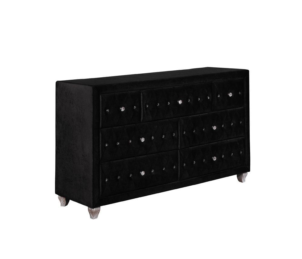 Deanna 60'' Black Velvet 7-Drawer Dresser with Crystal Pulls