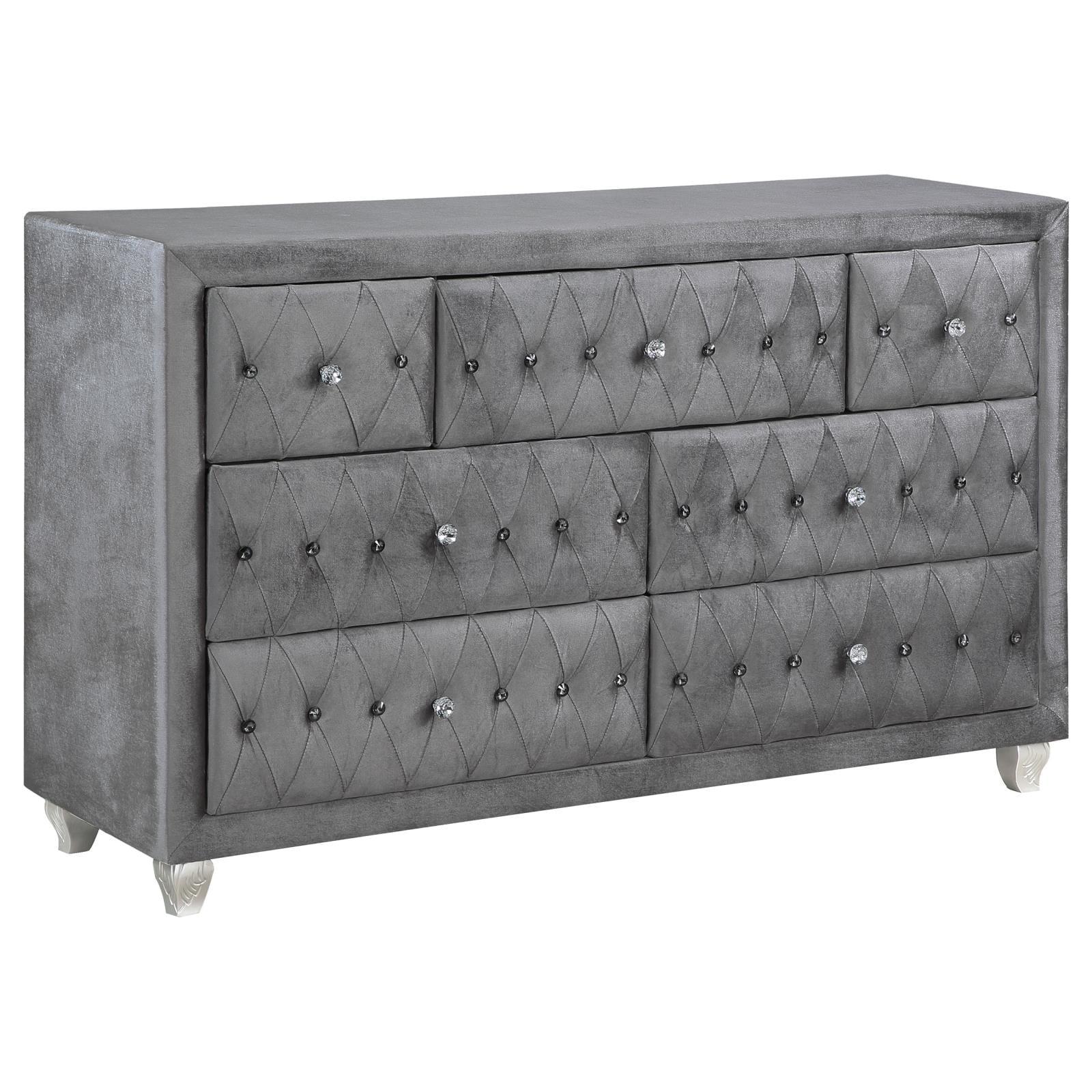 Transitional Gray 7-Drawer Dresser with Crystal Knobs and Velvet Finish