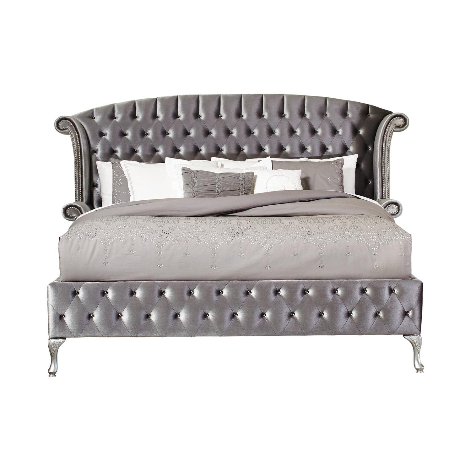 Elegant Grey Velvet California King Bed with Tufted Headboard and Nailhead Trim