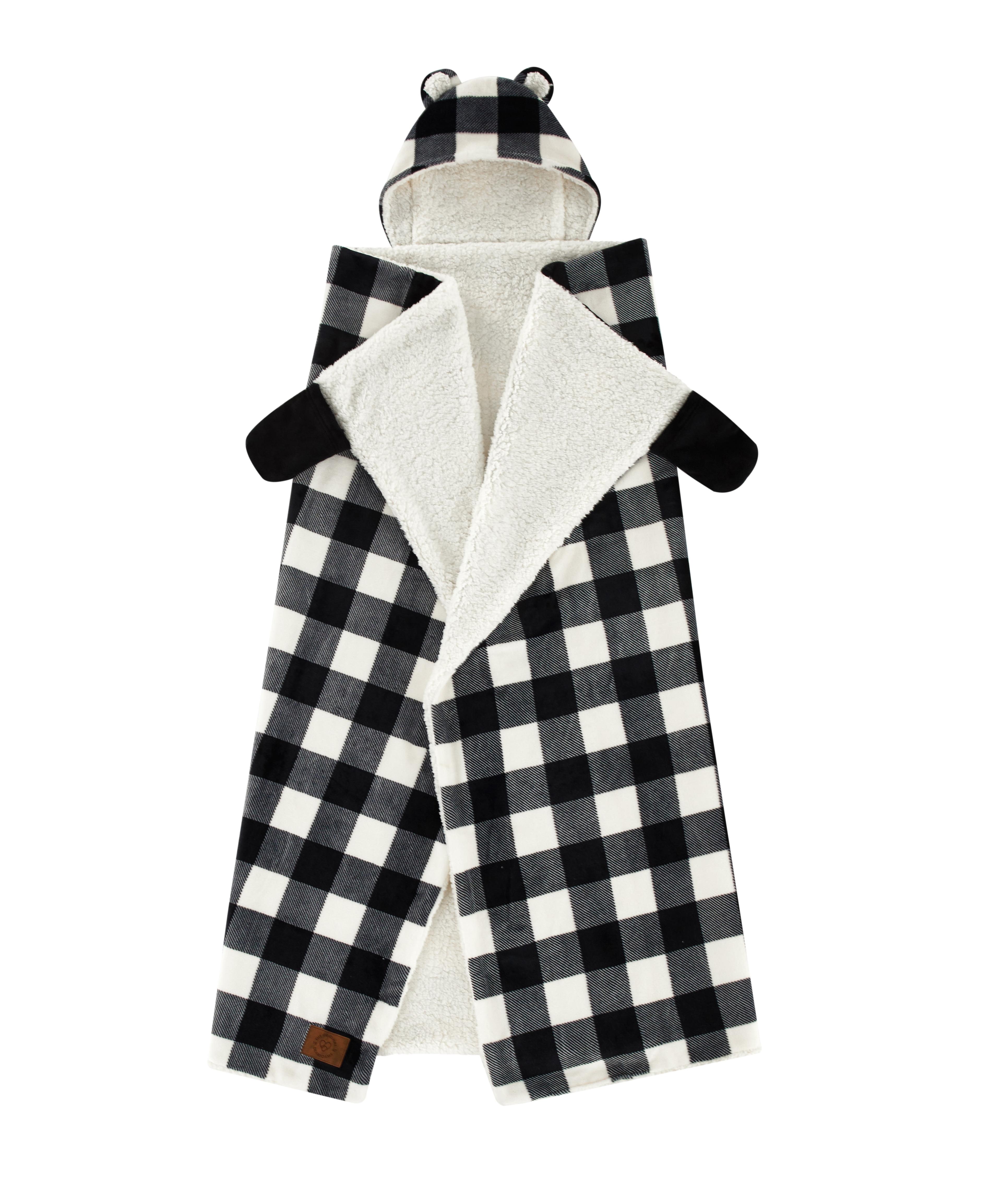 Black and White Plaid Sherpa Hooded Reversible Throw Blanket