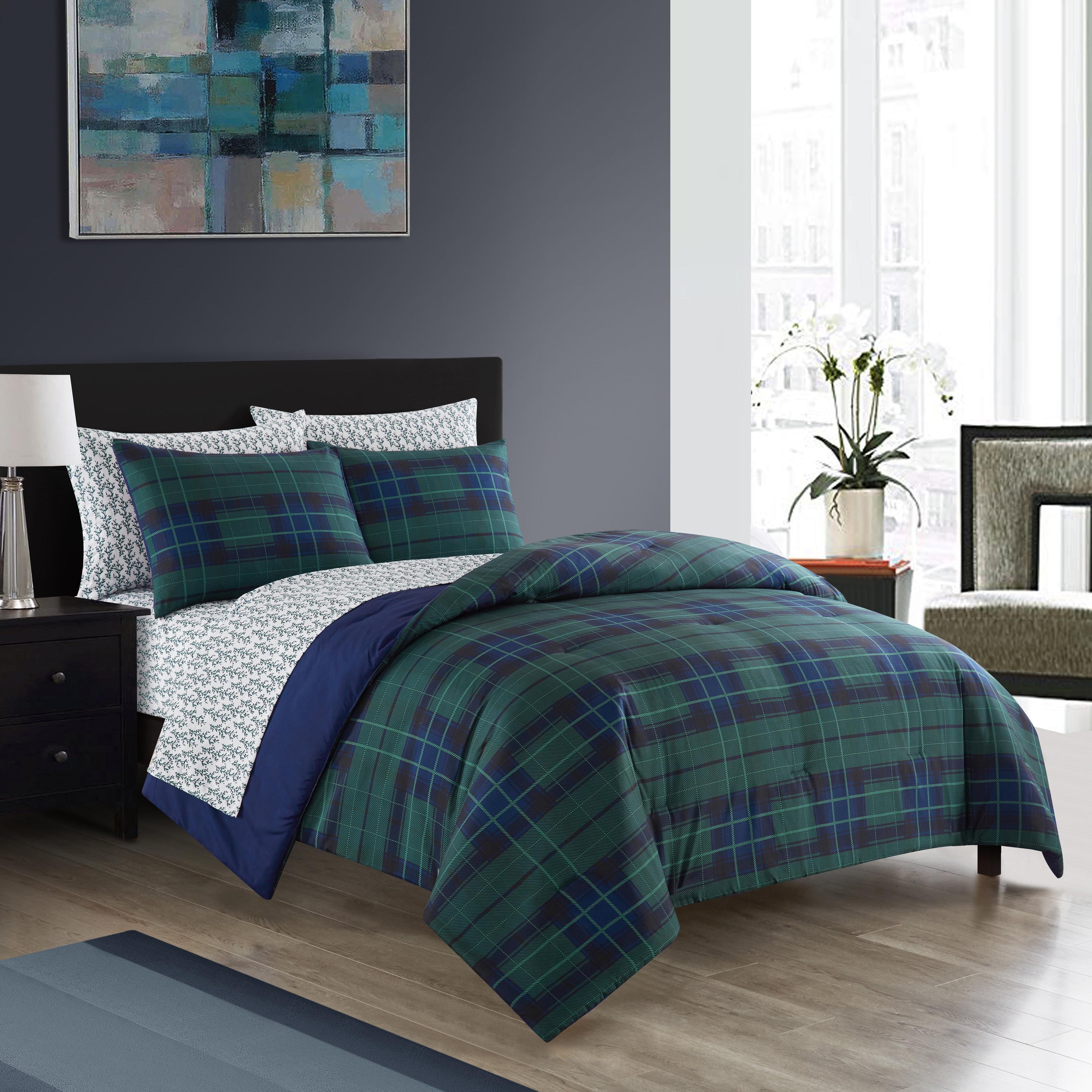 King Blue Tartan Plaid 7-Piece Bed in a Bag Set