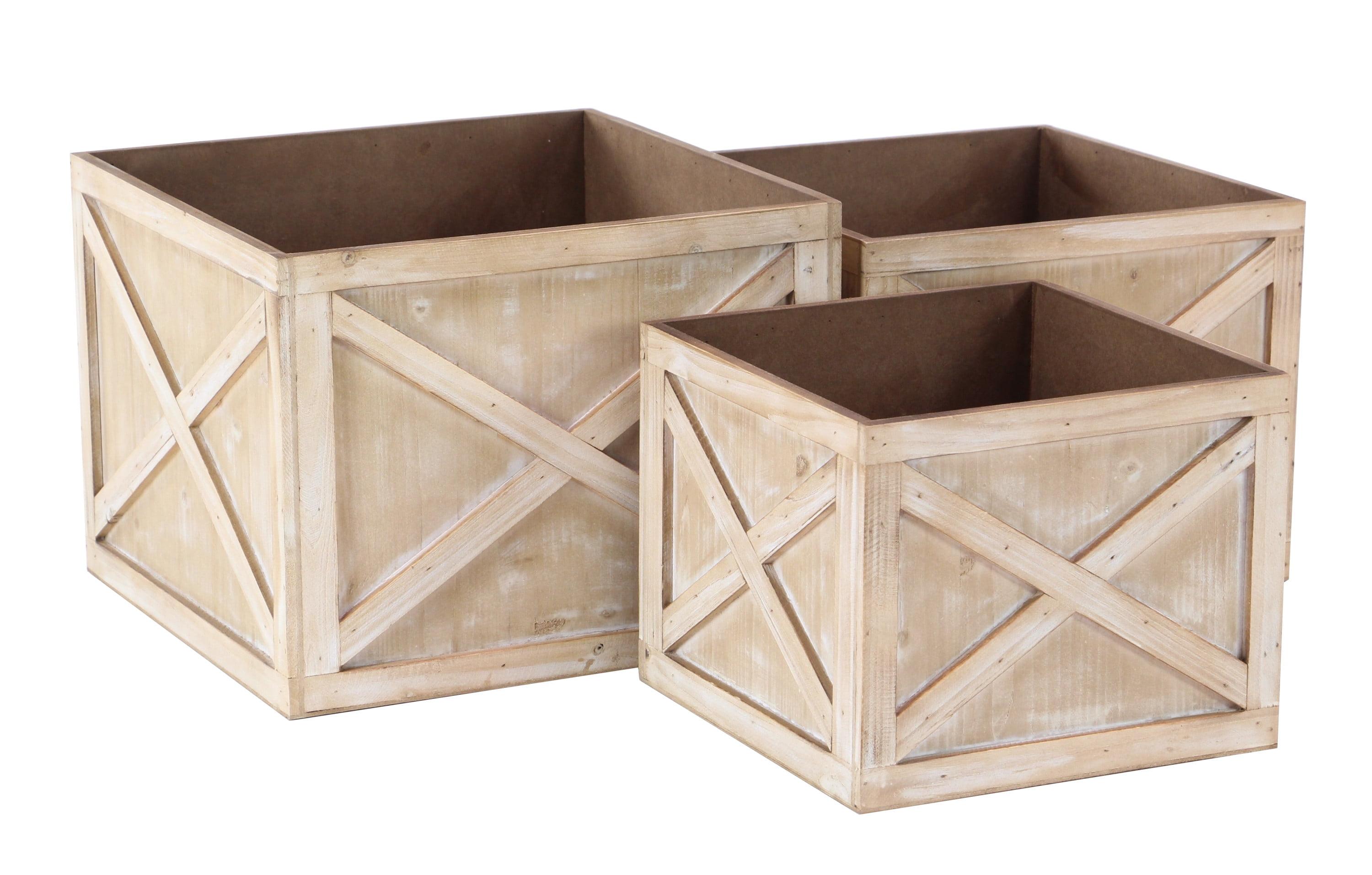 Light Brown Solid Square Wooden Planters Set of 3 for Indoor/Outdoor