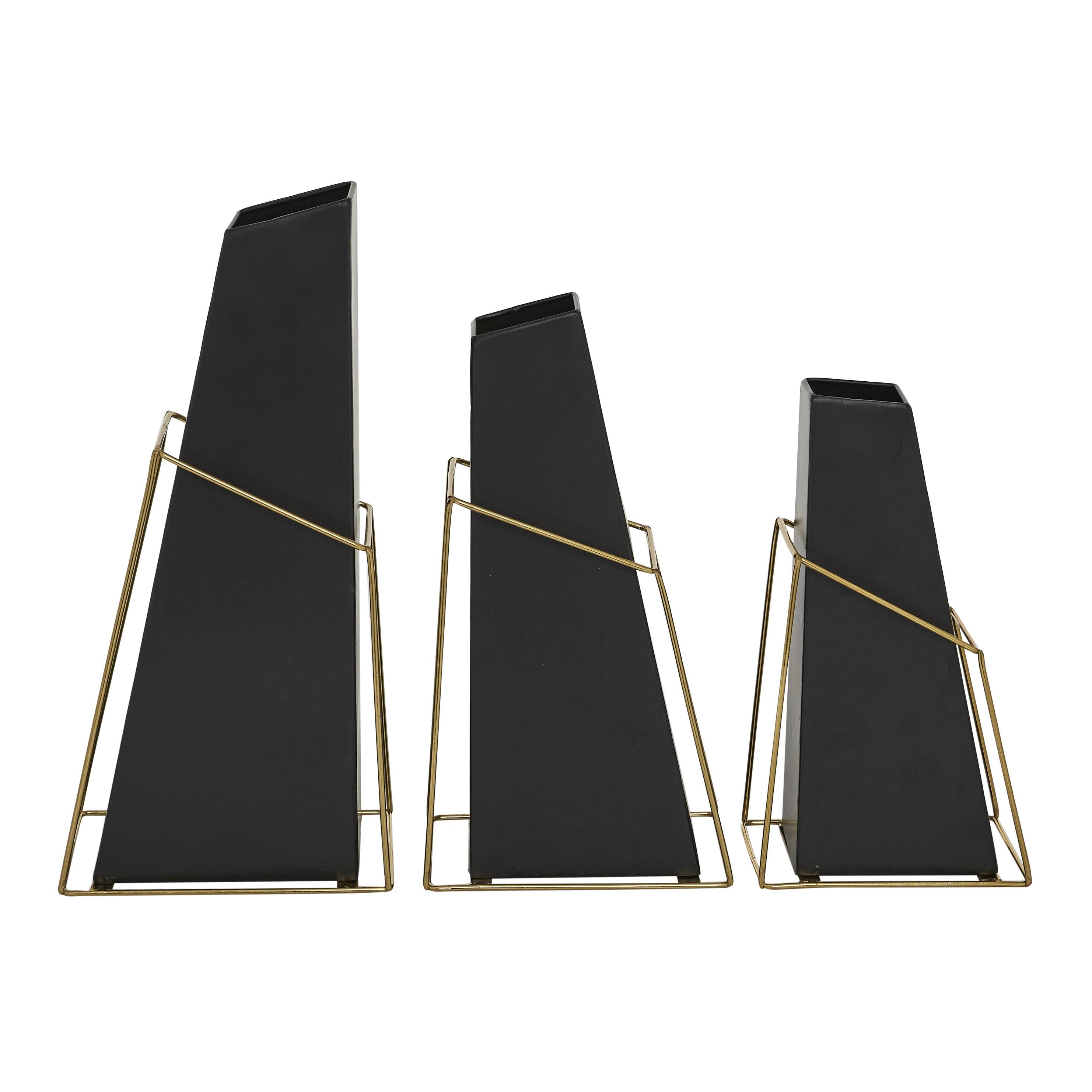 DecMode 10", 12", 14"H Black Metal Vase with Gold Wire Accents, Set of 3