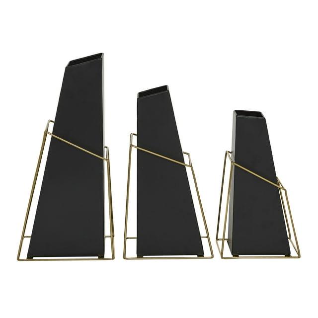 DecMode 10", 12", 14"H Black Metal Vase with Gold Wire Accents, Set of 3