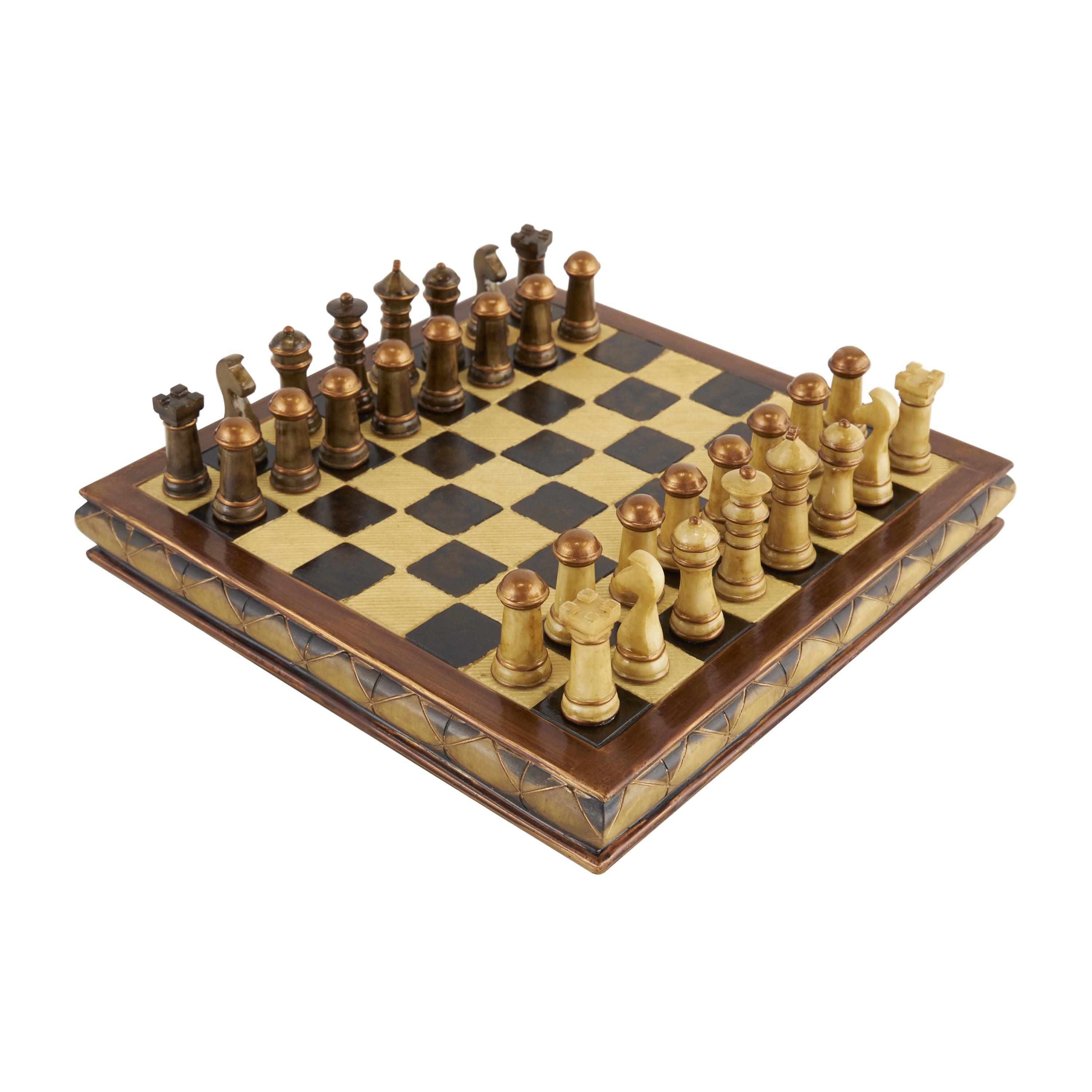 Brown Polystone and Brass Chess Set with Mahogany Finish