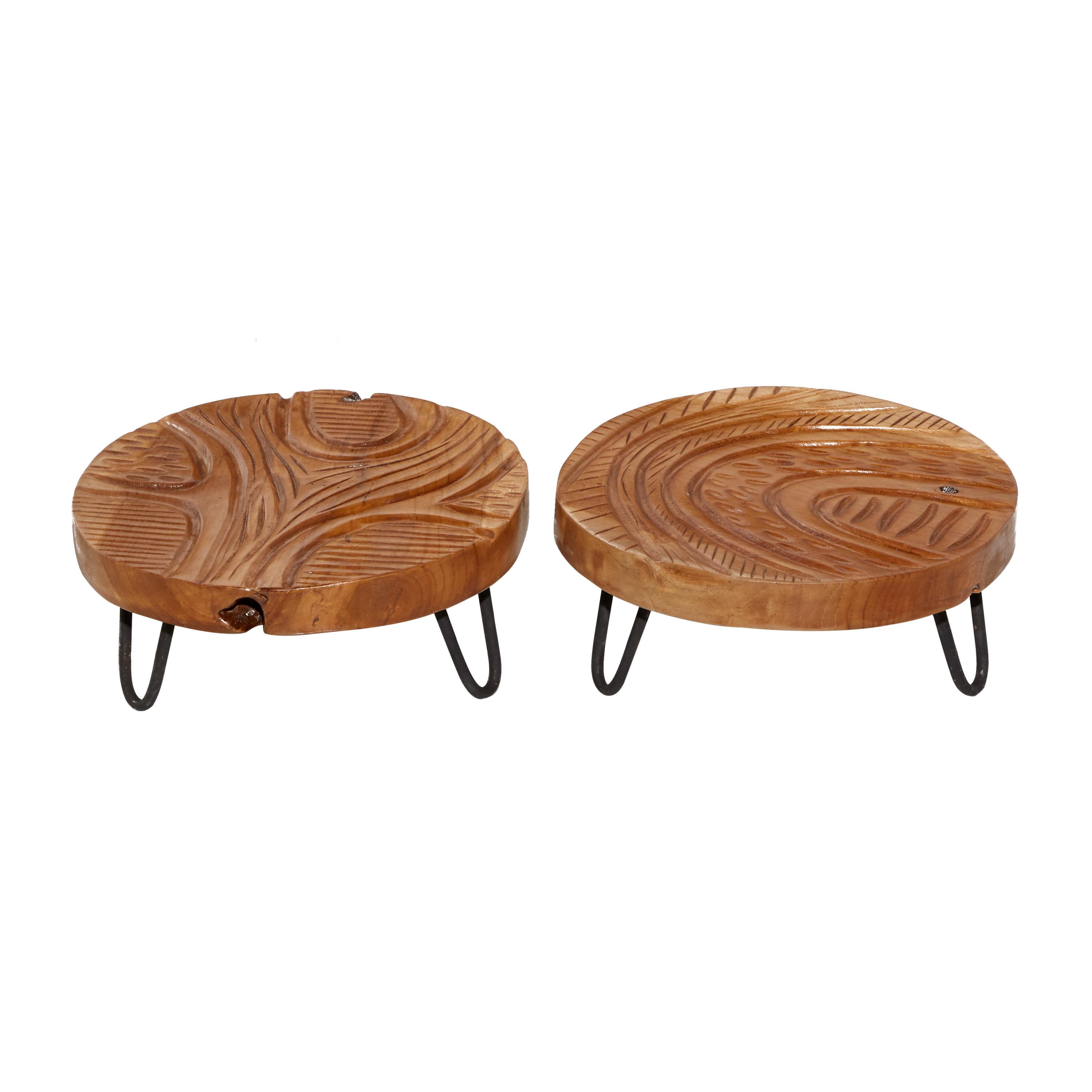 Rustic Teak Wood Carved Floral Trays with Hairpin Legs, Set of 2
