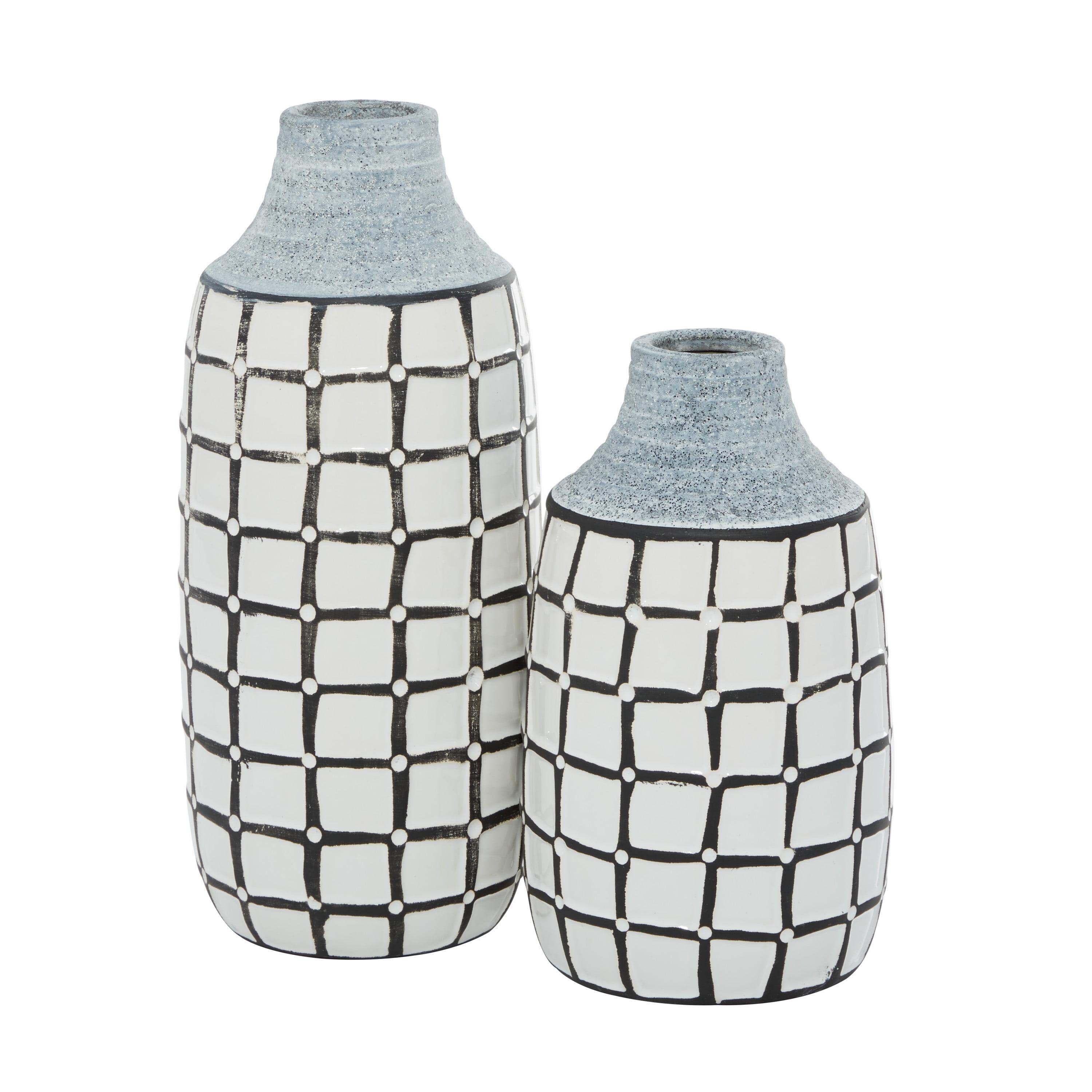 Coastal Charm White Ceramic Vase Duo with Grid Pattern