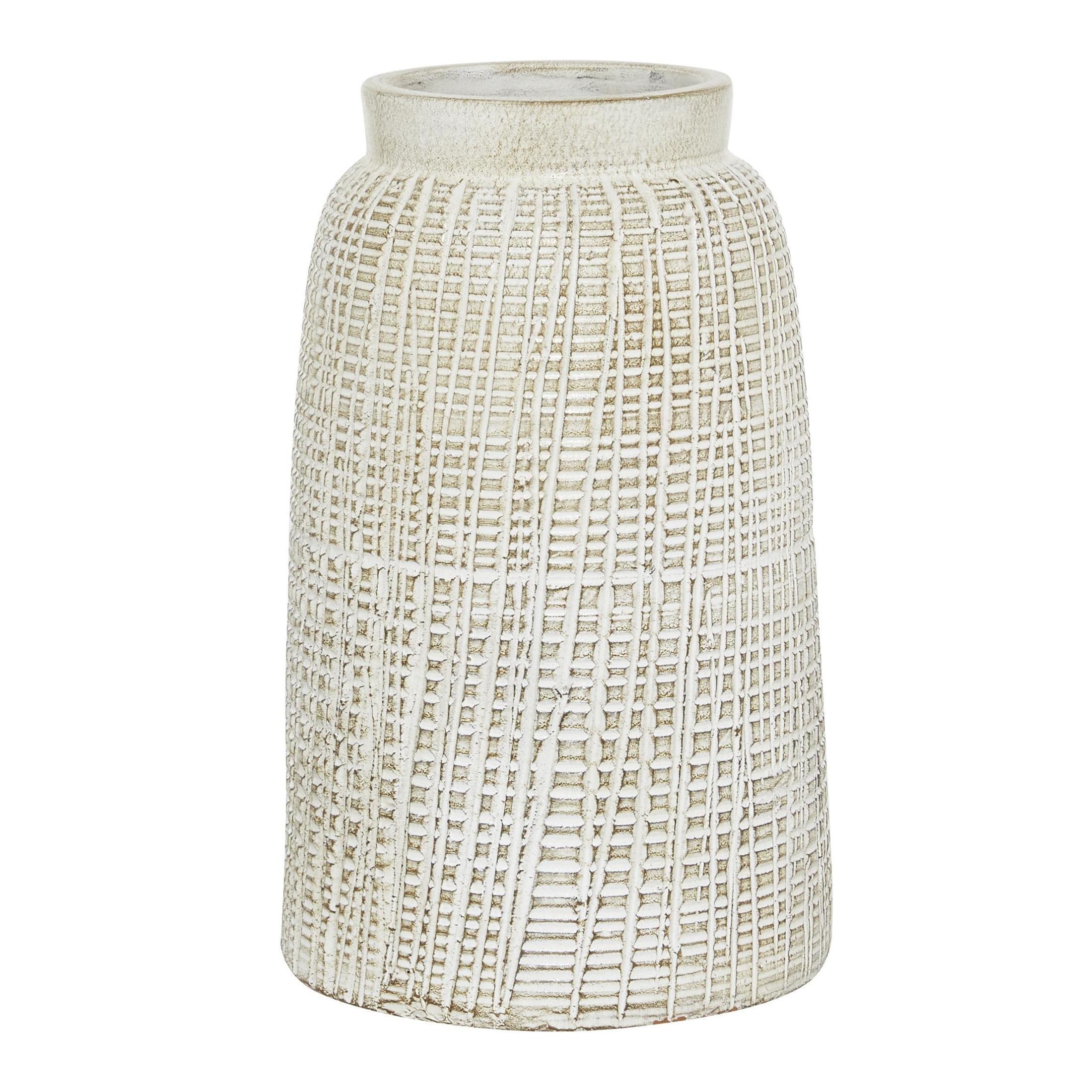 DecMode 11" Textured Crosshatch White Ceramic Vase with Crosshatch Design