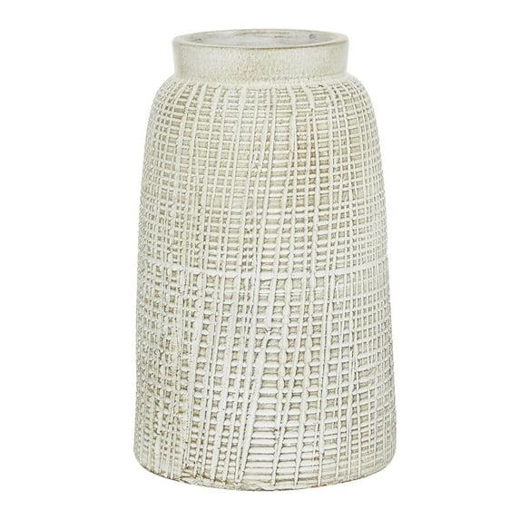 DecMode 11" Textured Crosshatch White Ceramic Vase with Crosshatch Design