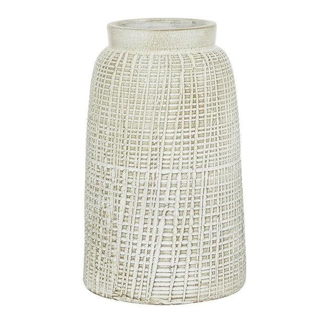 DecMode 11" Textured Crosshatch White Ceramic Vase with Crosshatch Design