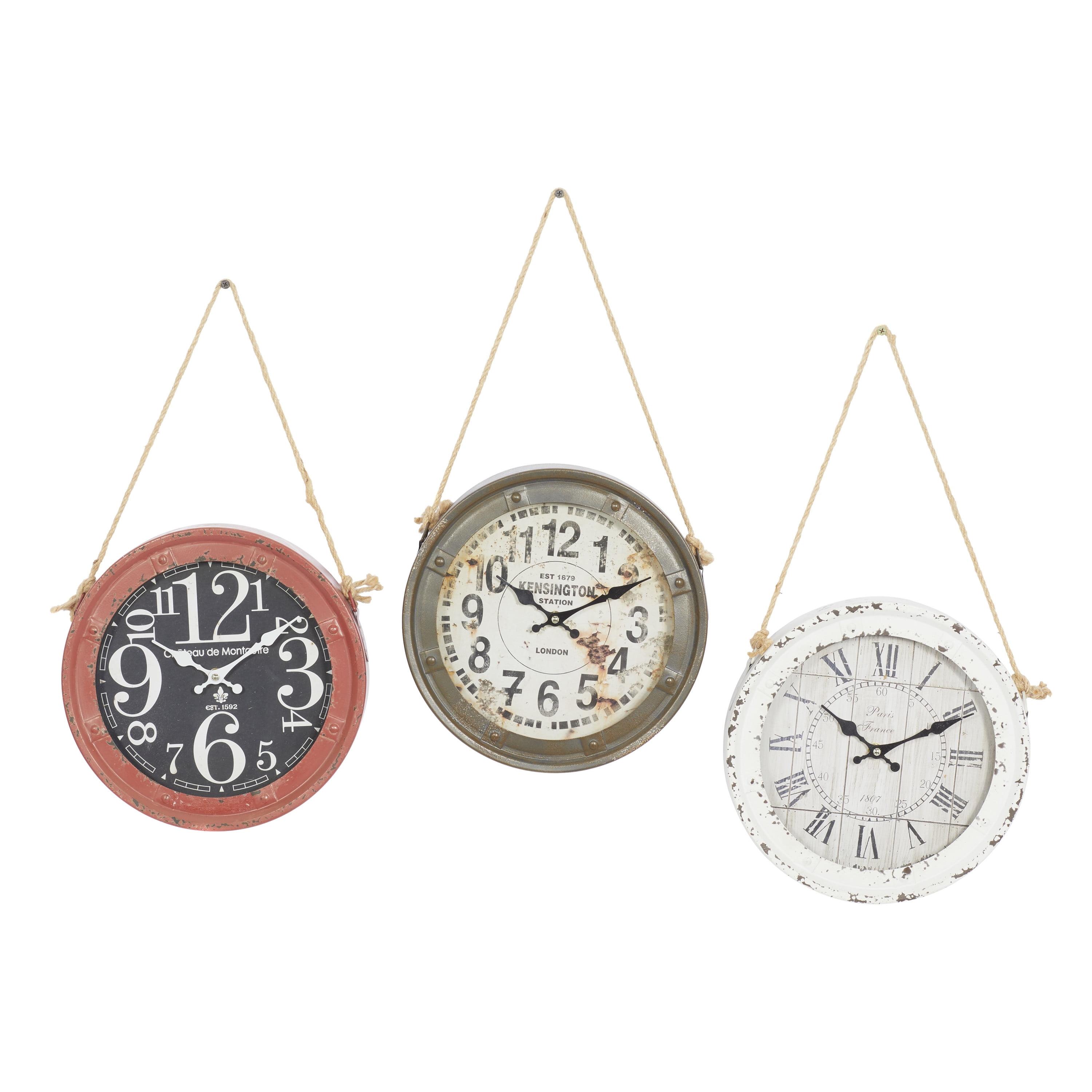 Vintage Round Metal Wall Clocks with Rope Hangers, Set of 3