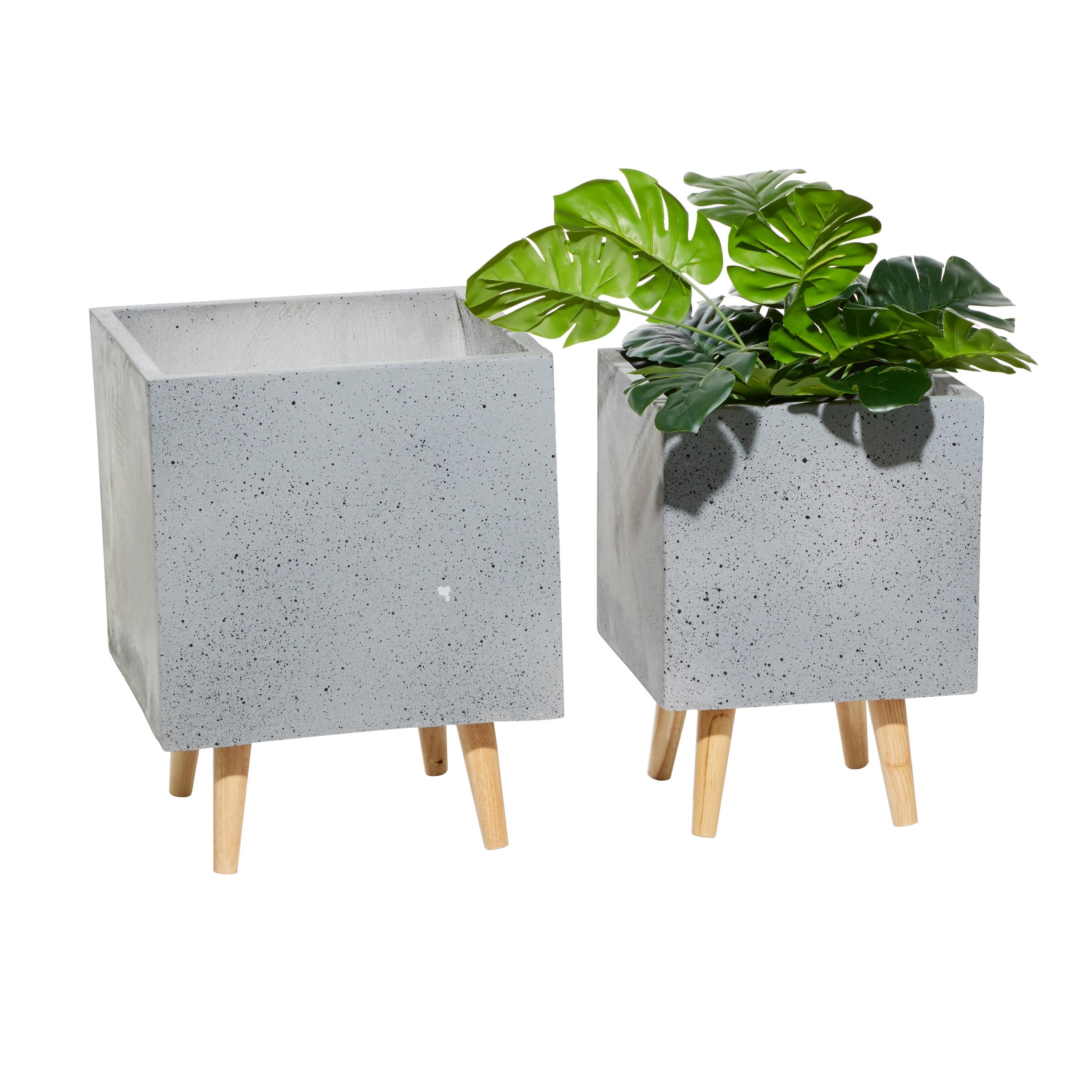 Contemporary Gray Marble Texture Cube Planters on Wooden Tripod, Set of 2